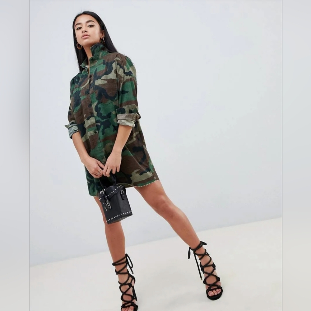 Missguided Petite Camo Camouflage Raw Edge Shirt Dress